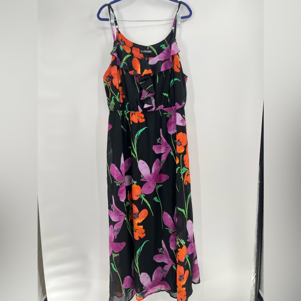 Lane Bryant Black with Bright Orange and Purple Floral Design Maxi Dress